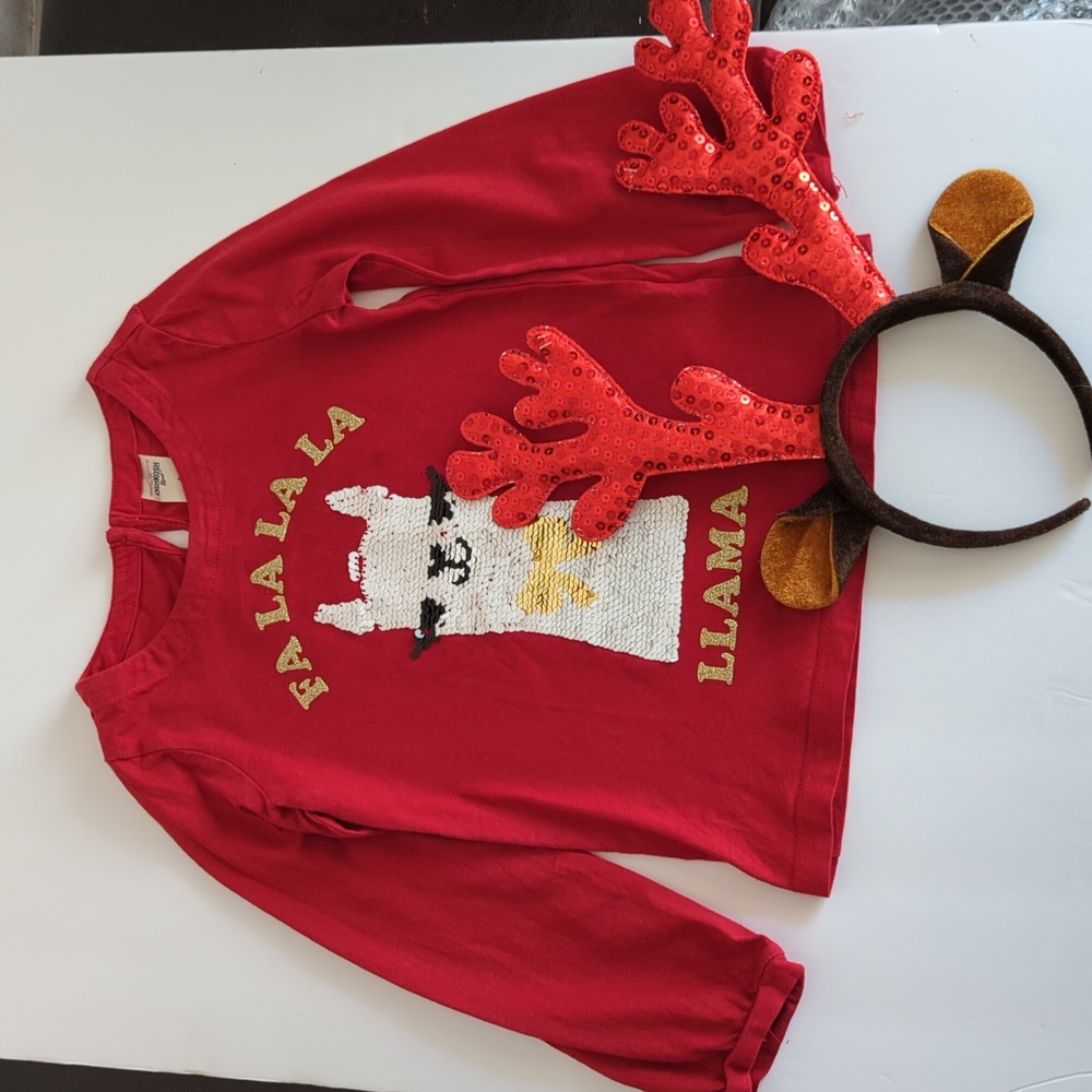OshKosh Christmas Llama Flip Long Sleeve Sequin Shirt Size 4 w/ Reindeer Antler